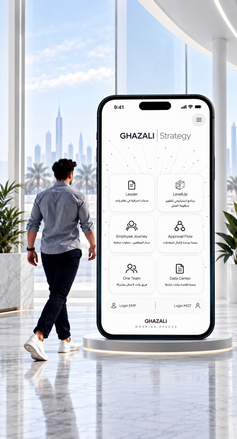 Gazali Strategy — Leader، Level Up، رحلة الموظف، مسار الموافقات، One Team، Data Center وWorking Spaces
